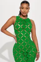 Elegant Kelly Green & Mocha Cut-Out Maxi Dress – High Neck, Sleeveless with Back Slit & Hidden Zipper(Kelly Green,XS)