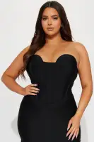 Sexy Red & Black Bandage Gown with Corset Waist & Padded Bra Cups - Stretchy Bodycon Dress(Black,XS)