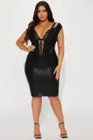 Metallic Bandage Midi Dress - Corset Waist, V-Neck & Hook Closure - Black or Pink(Black,XS)