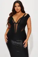 Metallic Bandage Midi Dress - Corset Waist, V-Neck & Hook Closure - Black or Pink(Black,XS)