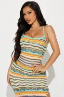 Elegant Crochet Maxi Dress with Adjustable Straps & High Slit – Multi Colors(Multi Color,XS)
