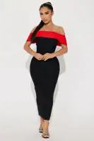 Sexy Off-Shoulder Bandage Midi Dress with Contrast Foldover & Back Zipper – Black/Red