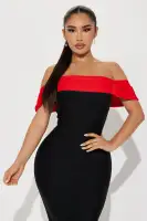 Sexy Off-Shoulder Bandage Midi Dress with Contrast Foldover & Back Zipper – Black/Red(Black/Red,XS)