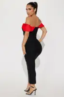 Sexy Off-Shoulder Bandage Midi Dress with Contrast Foldover & Back Zipper – Black/Red(Black/Red,XS)