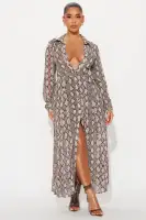 Elegant Chiffon Midi Dress with Collar Neckline & Tie Waist – Long Sleeve Button Front (Grey/Combo, 100% Polyester)