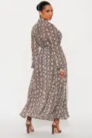 Elegant Chiffon Midi Dress with Collar Neckline & Tie Waist – Long Sleeve Button Front (Grey/Combo, 100% Polyester)(Grey/combo,XS)