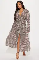 Elegant Chiffon Midi Dress with Collar Neckline & Tie Waist – Long Sleeve Button Front (Grey/Combo, 100% Polyester)(Grey/combo,XS)