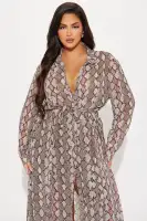Elegant Chiffon Midi Dress with Collar Neckline & Tie Waist – Long Sleeve Button Front (Grey/Combo, 100% Polyester)(Grey/combo,XS)