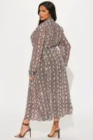 Elegant Chiffon Midi Dress with Collar Neckline & Tie Waist – Long Sleeve Button Front (Grey/Combo, 100% Polyester)(Grey/combo,XS)
