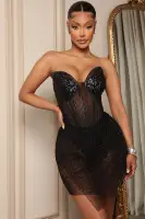 Sexy Black & Nude Embellished Mini Dress with Corset Waist & Snap Closure(Black,XS)