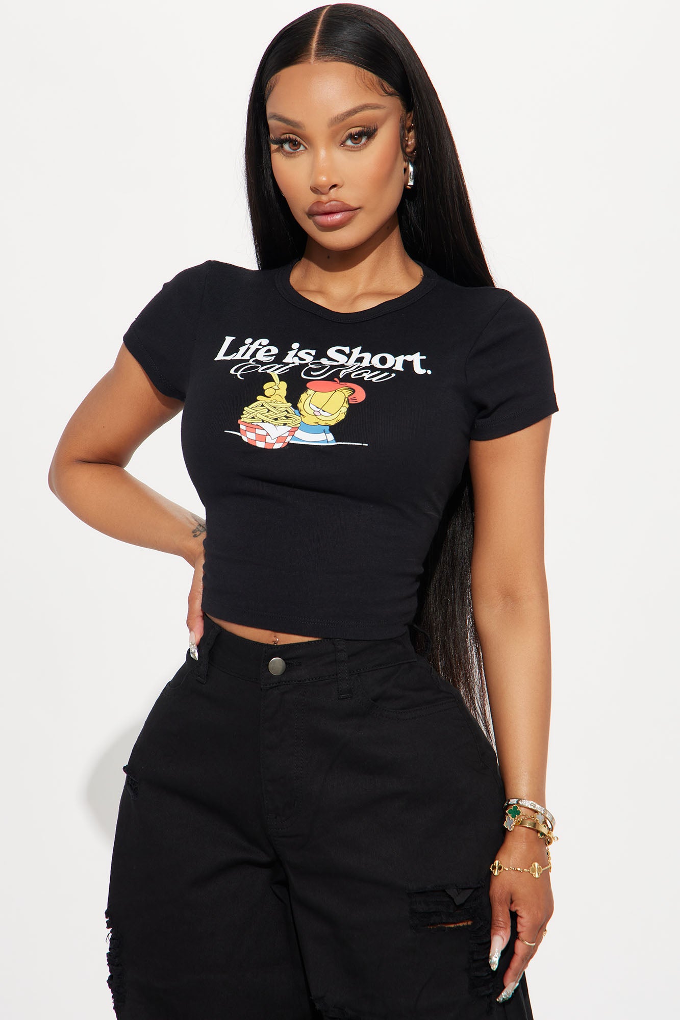 Black Crew Neck Short Sleeve Graphic Tee - 50% Cotton 50% Polyester Stretch Fit