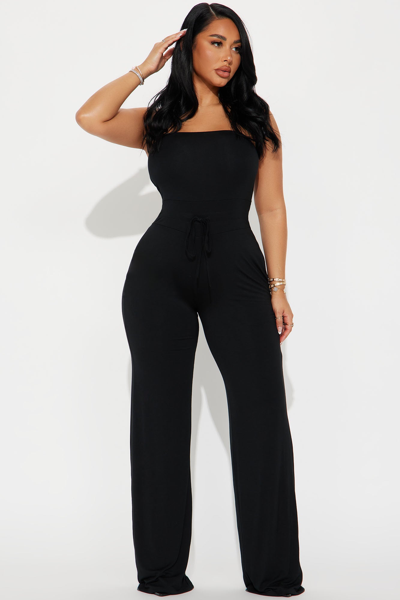 Strapless Straight Neckline Drawstring Pocket Wide Leg Stretch Jumpsuit