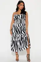 Elegant Black & White Midi Dress with Adjustable Straps & Ruffle Hem