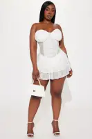 Strapless Lace Micro Mini Dress with Corset Waist & Ruffle Trim – White & Light Blue(White,XS)
