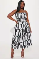 Elegant Black & White Midi Dress with Adjustable Straps & Ruffle Hem(Black/White,XS)