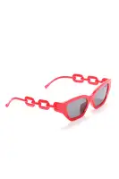 Cat Eye Plastic Frame Chain Temple Detail Fashion Sunglasses(Red,OS)