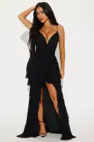Elegant Mesh Maxi Dress with V-Neck & Ruffle Skirt – Adjustable Straps, High-Low Hem – Red/Black