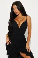 Elegant Mesh Maxi Dress with V-Neck & Ruffle Skirt – Adjustable Straps, High-Low Hem – Red/Black(Black,XS)