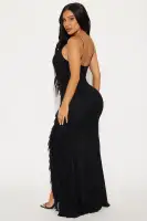 Elegant Mesh Maxi Dress with V-Neck & Ruffle Skirt – Adjustable Straps, High-Low Hem – Red/Black(Black,XS)