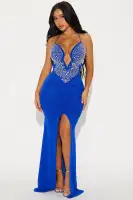 Elegant Royal Blue Maxi Dress with Spaghetti Straps, Tie Back, and Embellished Ruched Slit – Stretchy & Lined
