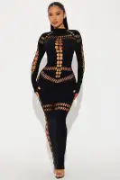 Elegant Black Seamless Maxi Dress with High Neck & Long Sleeves – Stretchy Cut-Out Design (92% Nylon, 8% Elastane)