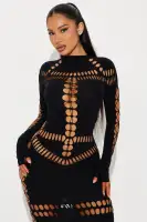 Elegant Black Seamless Maxi Dress with High Neck & Long Sleeves – Stretchy Cut-Out Design (92% Nylon, 8% Elastane)(Black,XS)