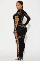 Elegant Black Seamless Maxi Dress with High Neck & Long Sleeves – Stretchy Cut-Out Design (92% Nylon, 8% Elastane)(Black,XS)