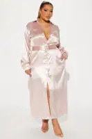 Elegant Satin Maxi Shirt Dress with Long Sleeves & Belt – Black & Blush(Blush,XS)