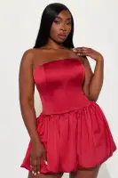 Elegant Wine Satin Mini Dress – Strapless Corset Waist with Lace-Up Back & Bubble Hem(Wine,XS)
