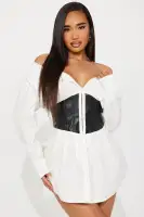 Off-Shoulder Mini Dress with Corset Waist - Faux Leather & Pleated Detail - Black/White