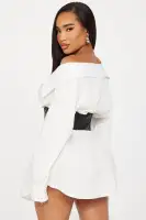Off-Shoulder Mini Dress with Corset Waist - Faux Leather & Pleated Detail - Black/White(White/Black,XS)