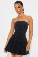 Strapless Corduroy Mini Dress with Pleated Skirt & Grip Tape Detail – Black & Taupe
