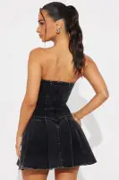 Strapless Corduroy Mini Dress with Pleated Skirt & Grip Tape Detail – Black & Taupe(Black,XS)