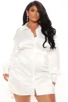 Elegant Satin Mini Shirt Dress - White & Mustard, Long Sleeve with Ruched Detail & Drawstrings(White,XS)