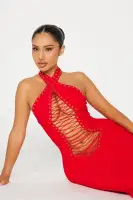 Elegant Halter Maxi Dress with Front Lace-Up & Hidden Back Zipper - Black & Red(Red,XS)