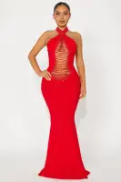Elegant Halter Maxi Dress with Front Lace-Up & Hidden Back Zipper - Black & Red