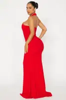 Elegant Halter Maxi Dress with Front Lace-Up & Hidden Back Zipper - Black & Red(Red,XS)