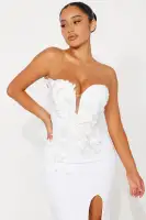 Elegant White Maxi Dress with Sequin Details & High Slit – Illusion Neckline & Padded Bra Cups(White,XS)