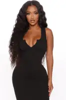 Elegant Midi Dress - Sleeveless V-Neck Stretch Polyester in Black, Lavender, Red & White(Black,S)