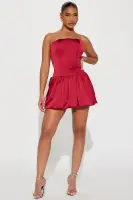 Elegant Wine Satin Mini Dress – Strapless Corset Waist with Lace-Up Back & Bubble Hem(Wine,XS)