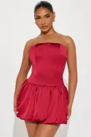 Elegant Wine Satin Mini Dress – Strapless Corset Waist with Lace-Up Back & Bubble Hem(Wine,XS)
