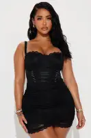 Elegant Lace Mini Dress with Sweetheart Neckline & Corset Waist – Black & Coral Options(Black,XS)