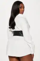 Off-Shoulder Mini Dress with Corset Waist - Faux Leather & Pleated Detail - Black/White(White/Black,XS)