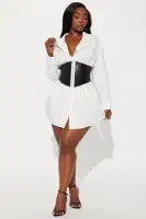 Off-Shoulder Mini Dress with Corset Waist - Faux Leather & Pleated Detail - Black/White(White/Black,XS)