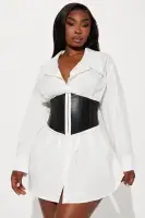 Off-Shoulder Mini Dress with Corset Waist - Faux Leather & Pleated Detail - Black/White(White/Black,XS)