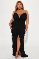 Elegant Mesh Maxi Dress with V-Neck & Ruffle Skirt – Adjustable Straps, High-Low Hem – Red/Black(Black,XS)