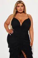 Elegant Mesh Maxi Dress with V-Neck & Ruffle Skirt – Adjustable Straps, High-Low Hem – Red/Black(Black,XS)
