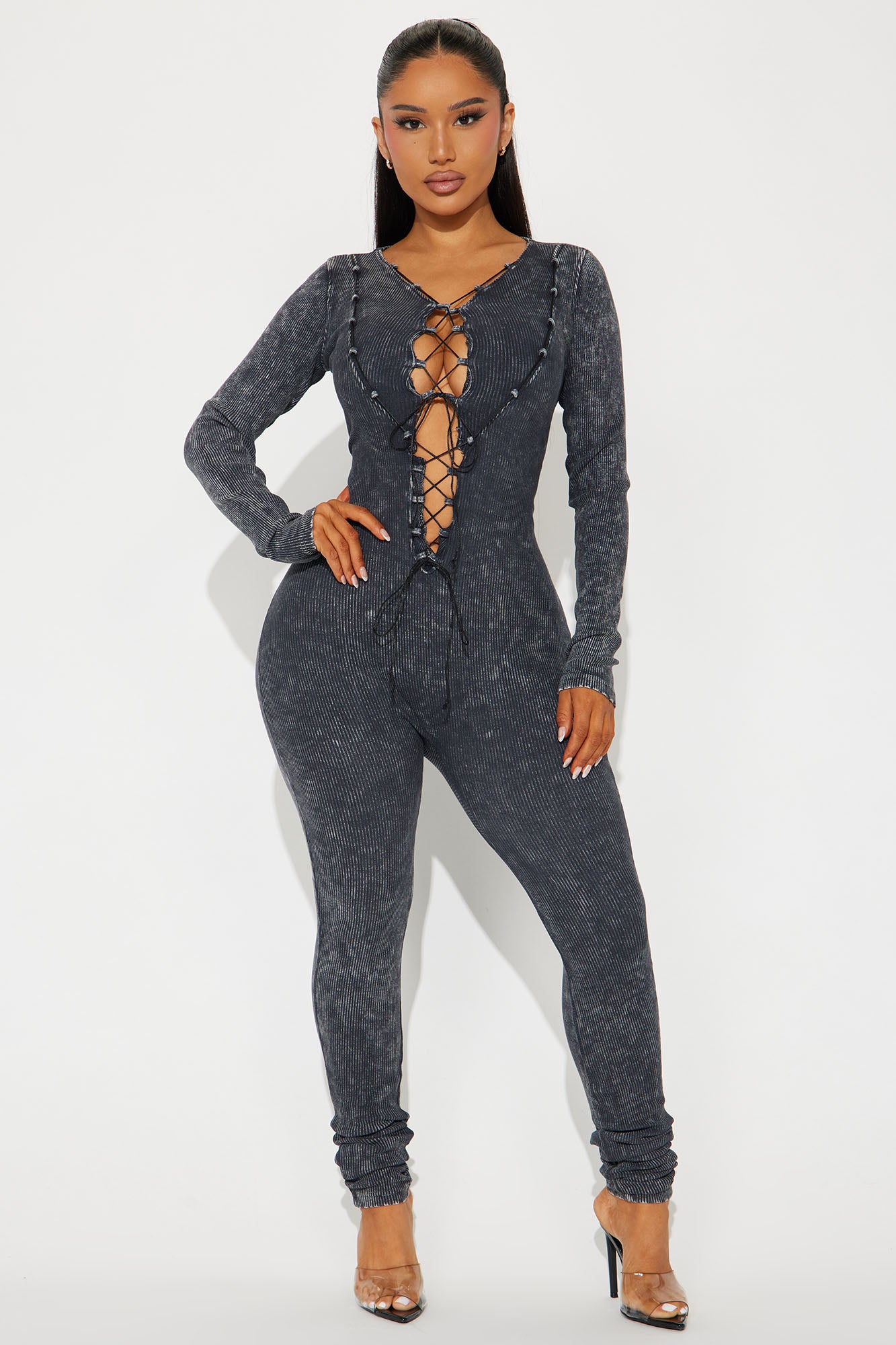 Elegant Deep V-Neck Long Sleeve Jumpsuit with Flare Legs & Hidden Zipper