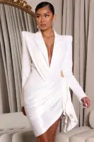 Elegant White Blazer Mini Dress with Shoulder Pads & Deep V-Neck – Satin Ruched Skirt & Back Zipper(White,XS)