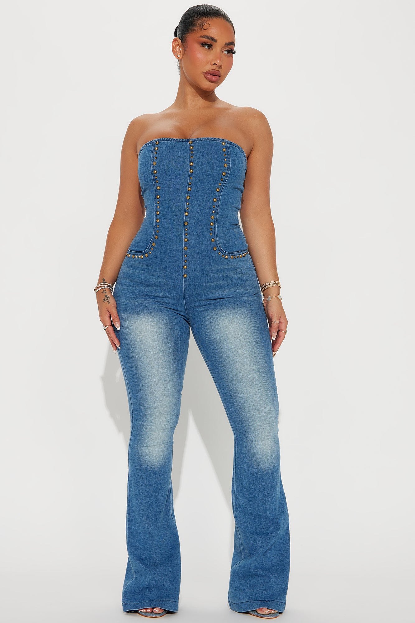 Strapless Straight Neckline Studded Denim Jumpsuit Wide Leg Stretch Inseam
